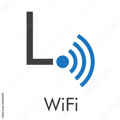 Logotipo abstracto con texto WiFi con letra L con ondas abajo en azul y gris