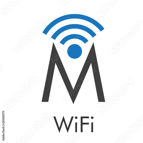 Logotipo abstracto con texto WiFi con letra M con ondas arriba en azul y gris