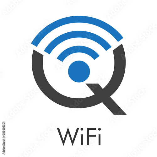 Logotipo abstracto con texto WiFi con letra Q con ondas arriba en azul y gris photo