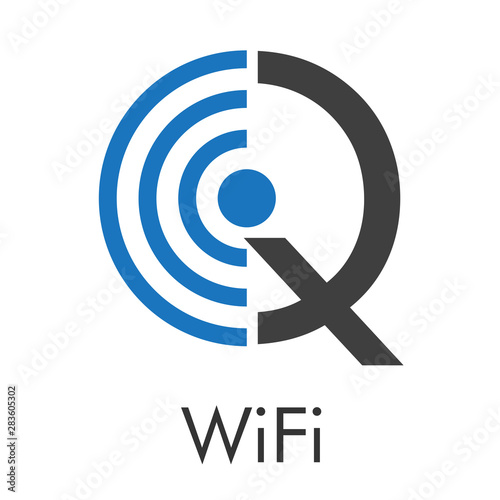 Logotipo abstracto con texto WiFi con letra Q con ondas izquierda en azul y gris