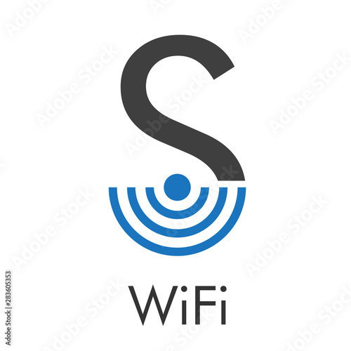 Logotipo abstracto con texto WiFi con letra S con ondas abajo en azul y gris