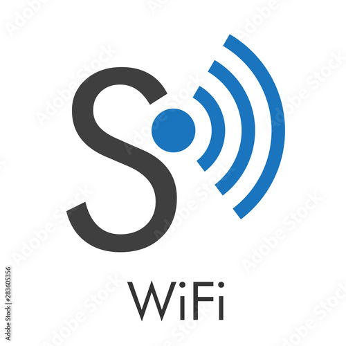 Logotipo abstracto con texto WiFi con letra S con ondas centro en azul y gris