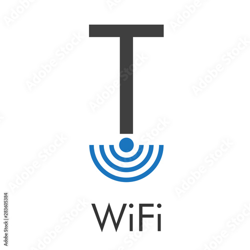 Logotipo abstracto con texto WiFi con letra T con ondas abajo en azul y gris