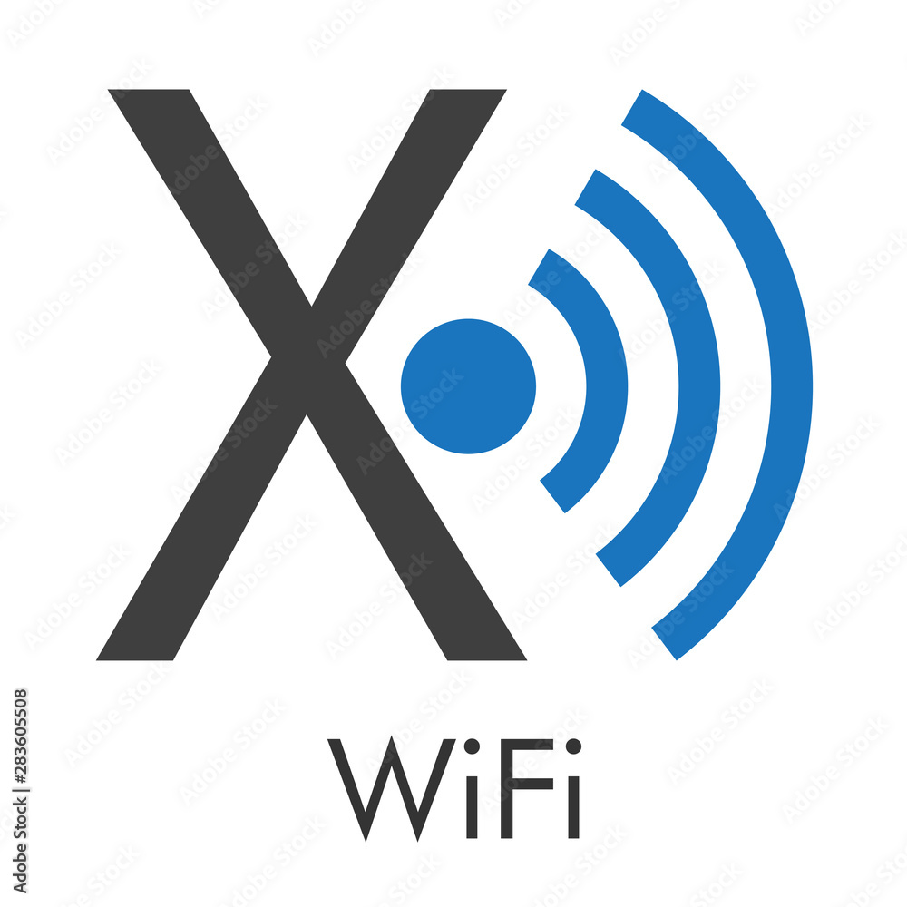 Logotipo abstracto con texto WiFi con letra X con ondas centro en azul y gris Logotipo abstracto con texto WiFi con letra X con ondas centro en azul y gris