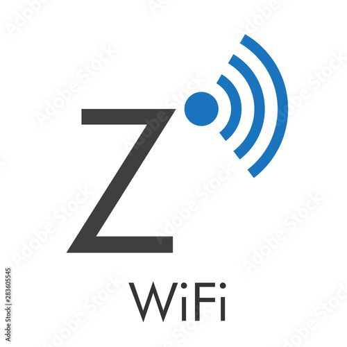 Logotipo abstracto con texto WiFi con letra Z con ondas arriba en azul y gris
