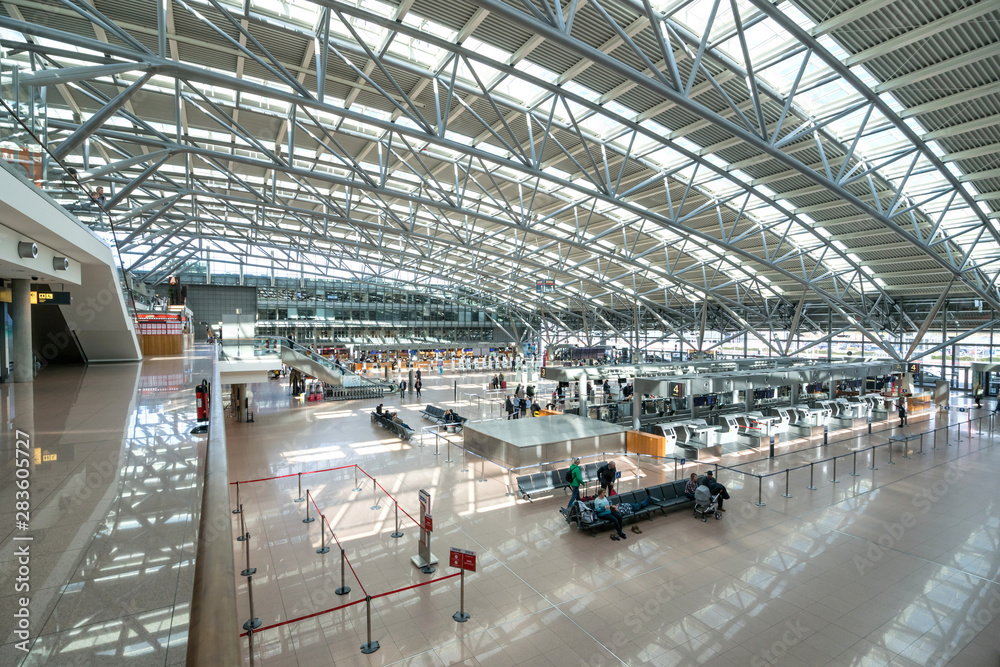 HAMBURG, GERMANY - APRIL 10, 2019: Terminal 1 of Hamburg Airport Helmut ...