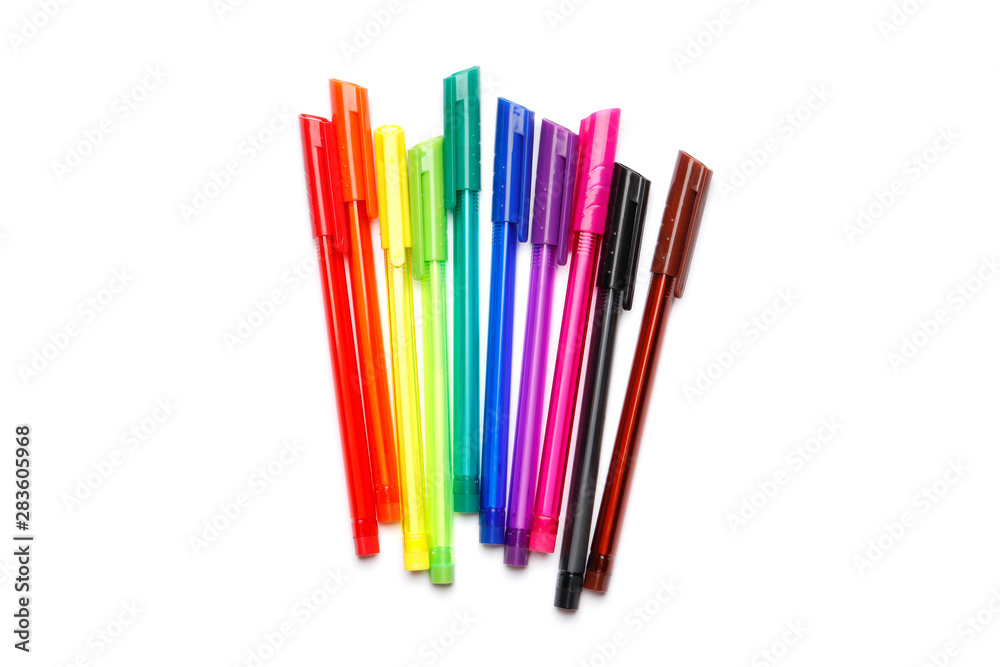 Set of multi-colored pens isolated on a white background.