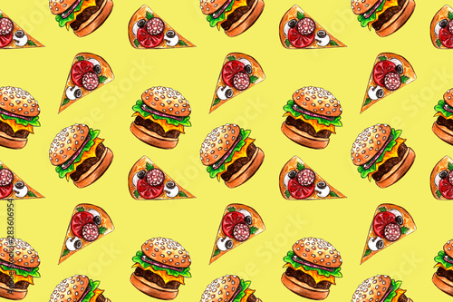 seamless pattern with junk fast food drawing by watercolor, artistic painting background, hand drawn illustration. pizza and burger set