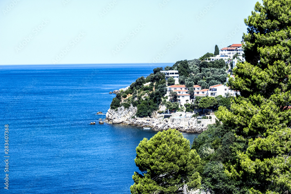 Beautiful coast of Adriatic sea as seen from the viewpoint in Ulcinj, Montenegro