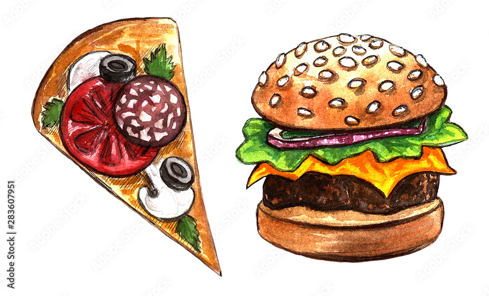seamless pattern with junk fast food drawing by watercolor, artistic painting background, hand drawn illustration. pizza and burger set