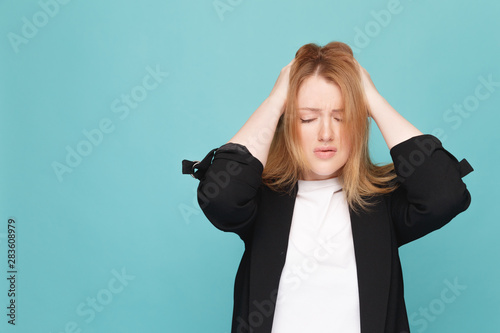 Porait of woman with headache isolated photo