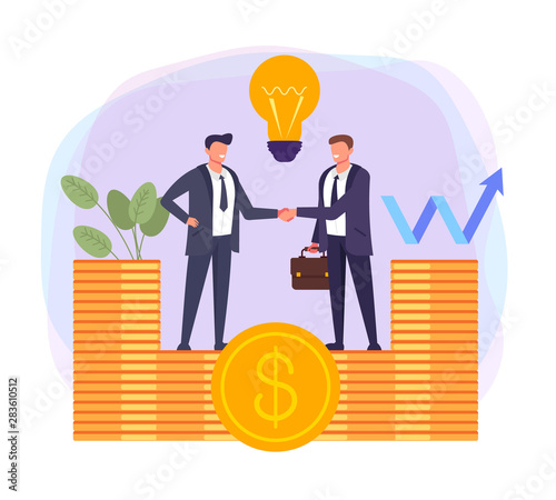 Two people businessmen office workers shaking hands. Business deal concept. Vector flat cartoon graphic design illustration
