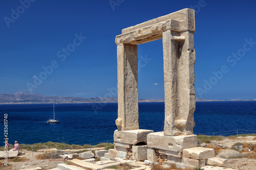 Portara Temple of Apollo 6th Cent BC, Naxos Town, looking over to Paros Island Cyclades, Greek Islands