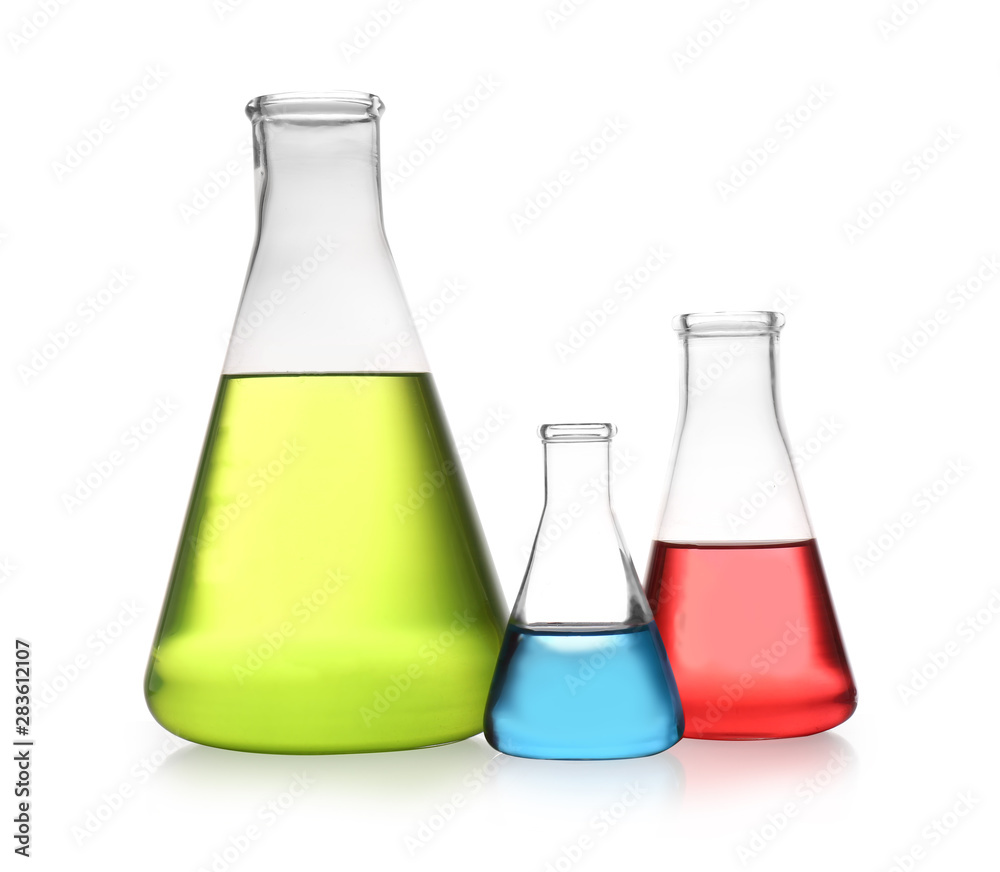 Erlenmeyer flasks with color liquids isolated on white. Solution chemistry Erlenmeyer flasks with color liquids isolated on white. Solution chemistry