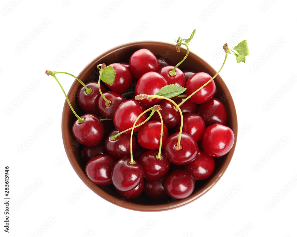 Ceramic bowl of delicious ripe sweet cherries on white background, top view Ceramic bowl of delicious ripe sweet cherries on white background, top view