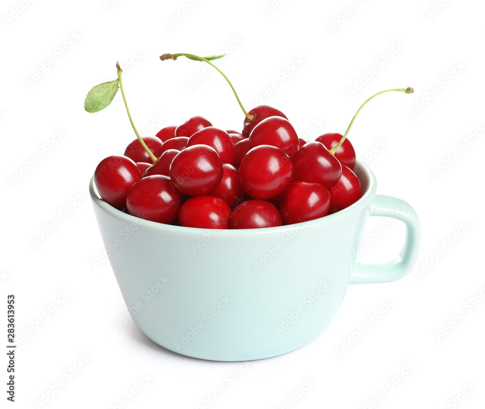 Cup of delicious ripe sweet cherries on white background Cup of delicious ripe sweet cherries on white background