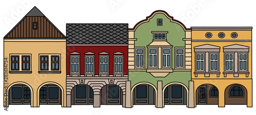 The hand drawing of four historical burger houses