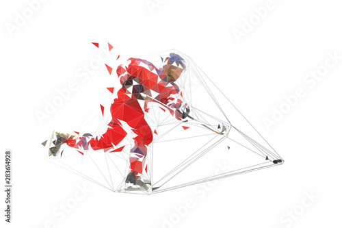 Ice hockey player in red jersey shooting puck, geometric polygonal drawing. Isolated vector illustration. Ice hockey athlete