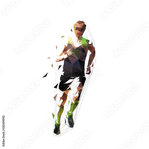 Runner, front view isolated polygonal vector illustration, abstract geometric drawing of marathon runner in orange shirt