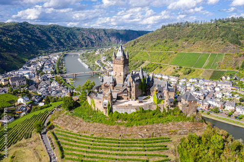Cochem Imperial Castle, Reichsburg Cochem, reconstructed in the Gothic Revival style protects historic Cochem town on left bank of Moselle river and Cond, Cochem-Zell, Rhineland-Palatinate, Germany