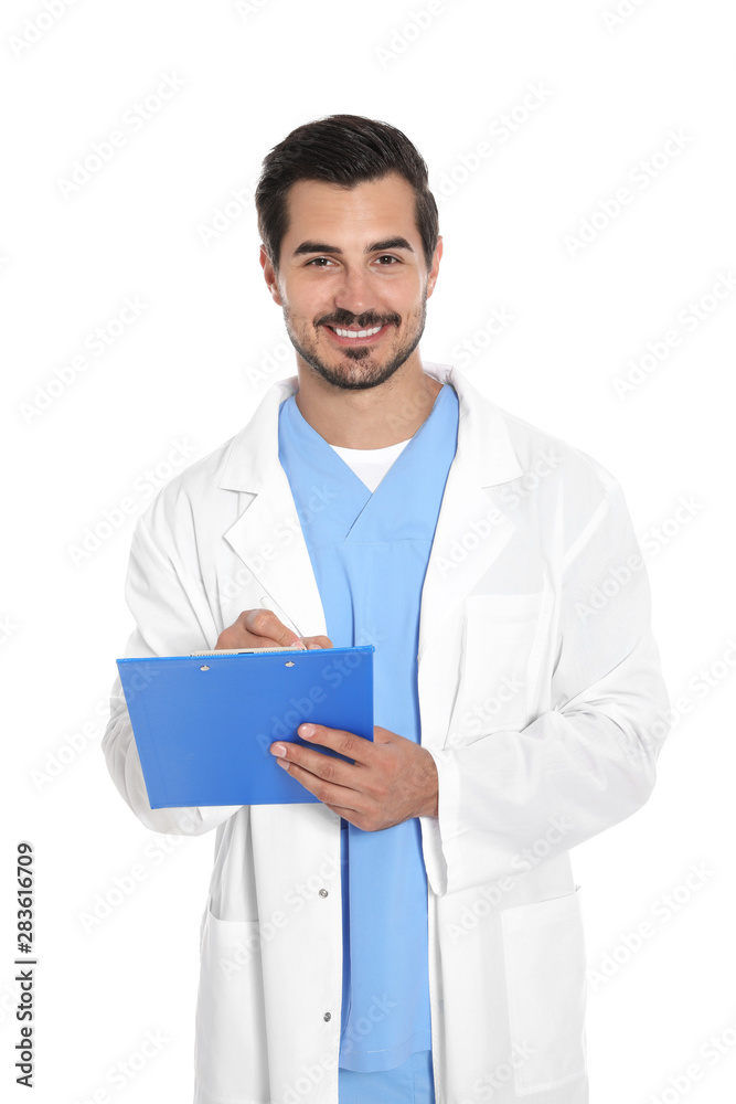 Young male doctor in uniform with clipboard on white background. Medical service Young male doctor in uniform with clipboard on white background. Medical service