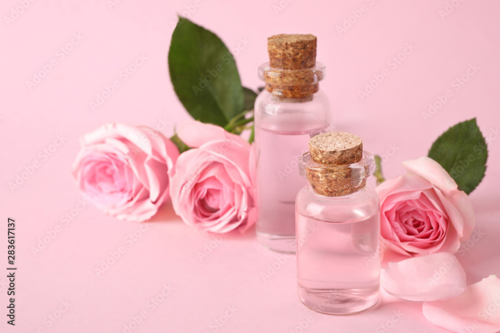 Bottles of essential oil and roses on pink background