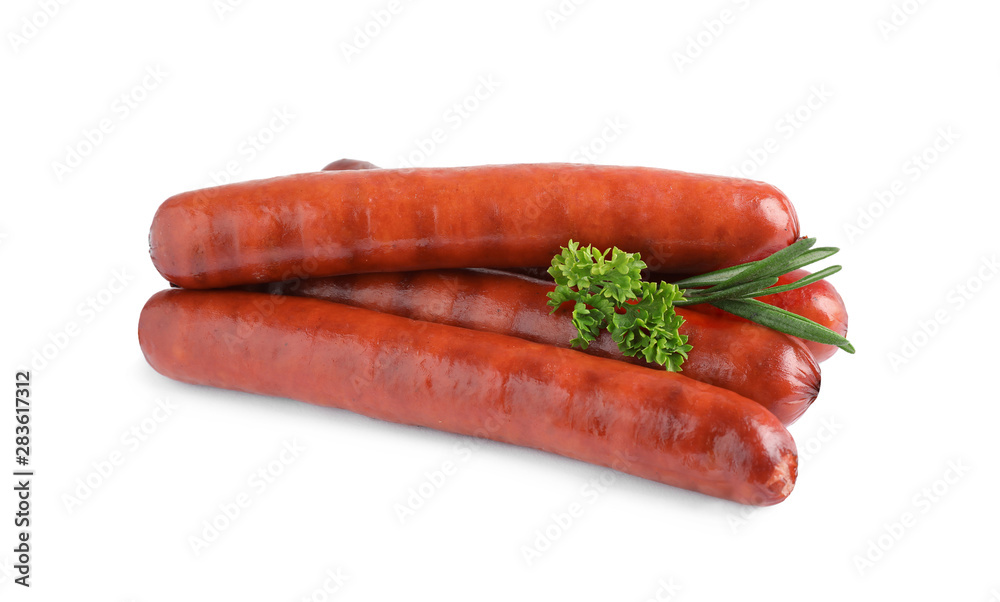 Delicious grilled sausages on white background. Barbecue food Delicious grilled sausages on white background. Barbecue food