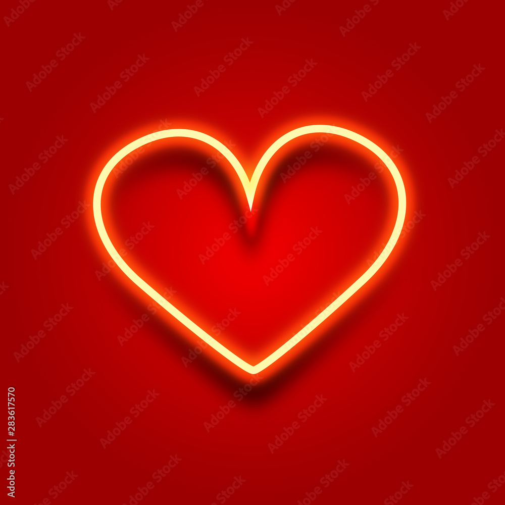 Bright heart. Neon sign. Retro neon heart sign on red background. Design element for Happy Valentine's Day. Vector illustration. Bright heart. Neon sign. Retro neon heart sign on red background. Design element for Happy Valentine's Day. Vector illustration.