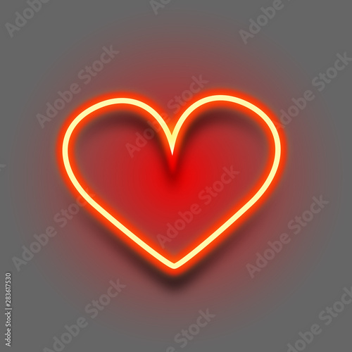 Bright heart. Neon sign. Retro neon heart sign on grey background. Design element for Happy Valentine s Day. Vector illustration.