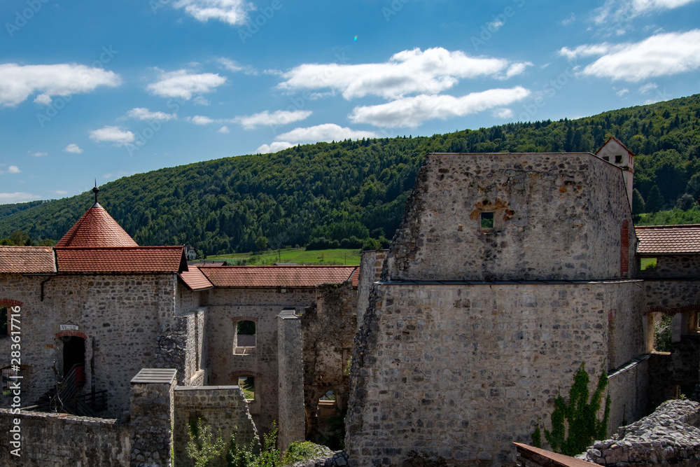 The castle Žužemberk ( Zuzemberk, Seisenburg, Sosenberch) is positioned on the terrace above the Krka River Canyon, Central Slovenia. The castle Žužemberk ( Zuzemberk, Seisenburg, Sosenberch) is positioned on the terrace above the Krka River Canyon, Central Slovenia.