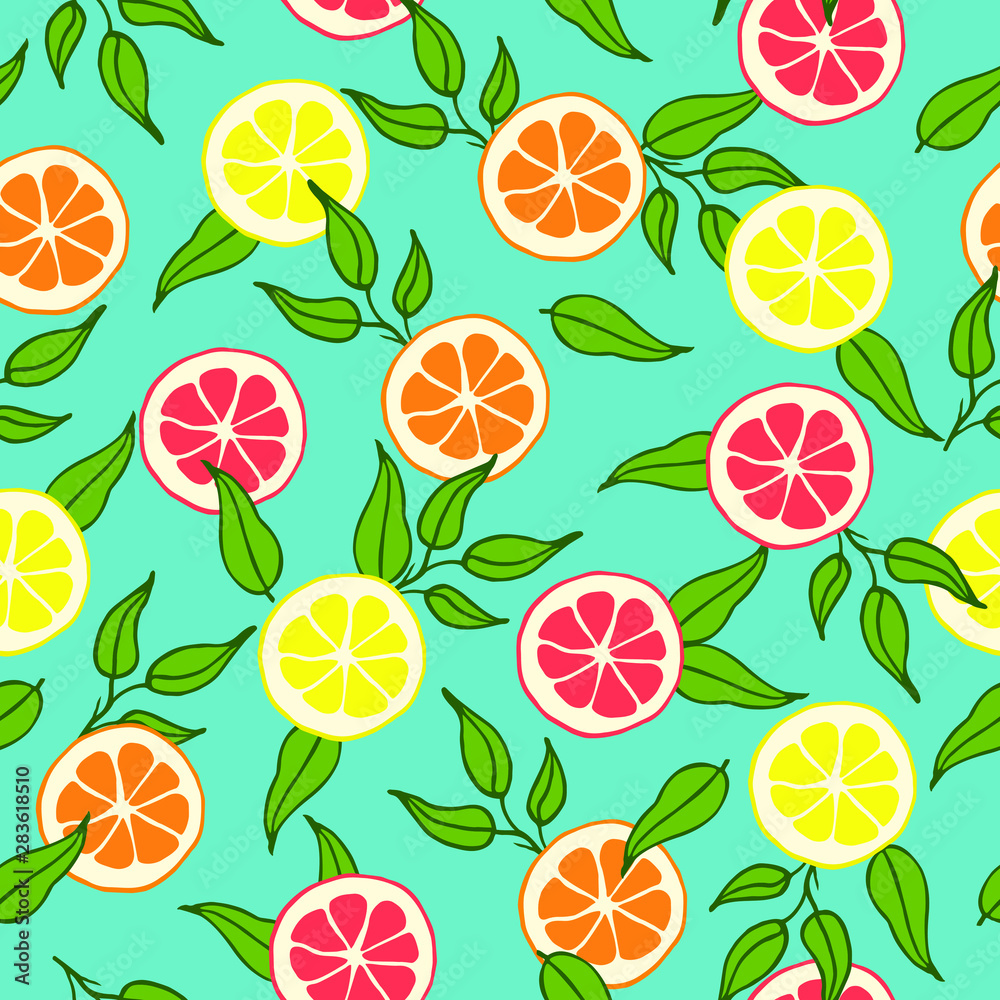 Hand drawn colorful seamless pattern. Half of lemons, oranges and grapefruits with leaves on blue background. Perfect for textile, manufacturing, wallpaper, wrapping paper. Vector illustration