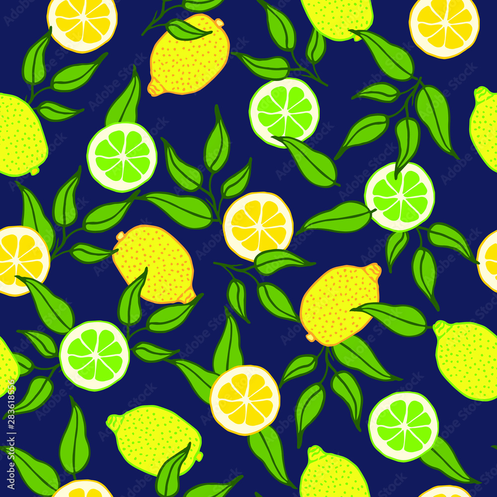 Hand drawn colorful seamless pattern. Half of lemons amd limes, whole limes and lemons on the dark background. Perfect for textile, manufacturing, wallpaper, wrapping paper. Vector illustration