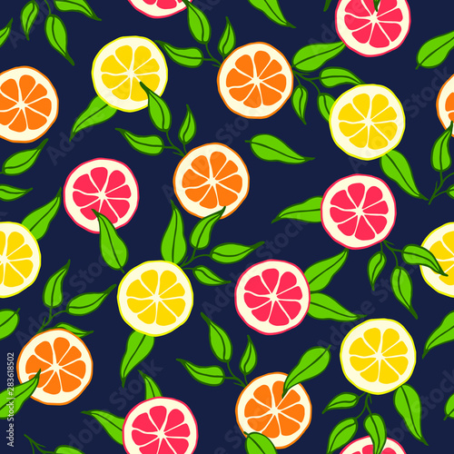 Hand drawn colorful seamless pattern. Half of lemons, oranges and grapefruits with leaves on the dark background. Perfect for textile, manufacturing, wallpaper, wrapping paper. Vector illustration
