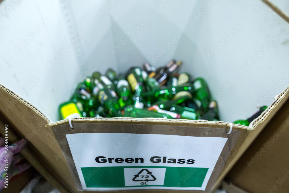 Sorting recyclables. The sorted green glass bottles, is placed in a