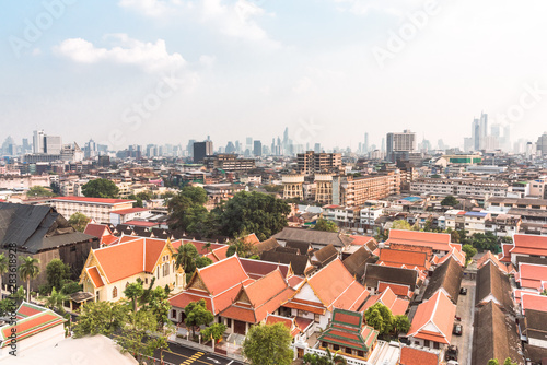 View from the top of the Golden Mount, the Buddhist temple Wat Saket to the financial district Sathon in Bangkok