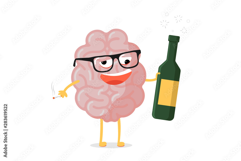 Funny cartoon unhealthy brain character. Ill drunk human anatomy internal  organ mascot with alcohol bottle and cigarette. Vector illustration Stock  Vector | Adobe Stock