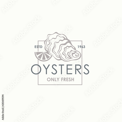 label of fresh oyster shell and lemon isolated on light background