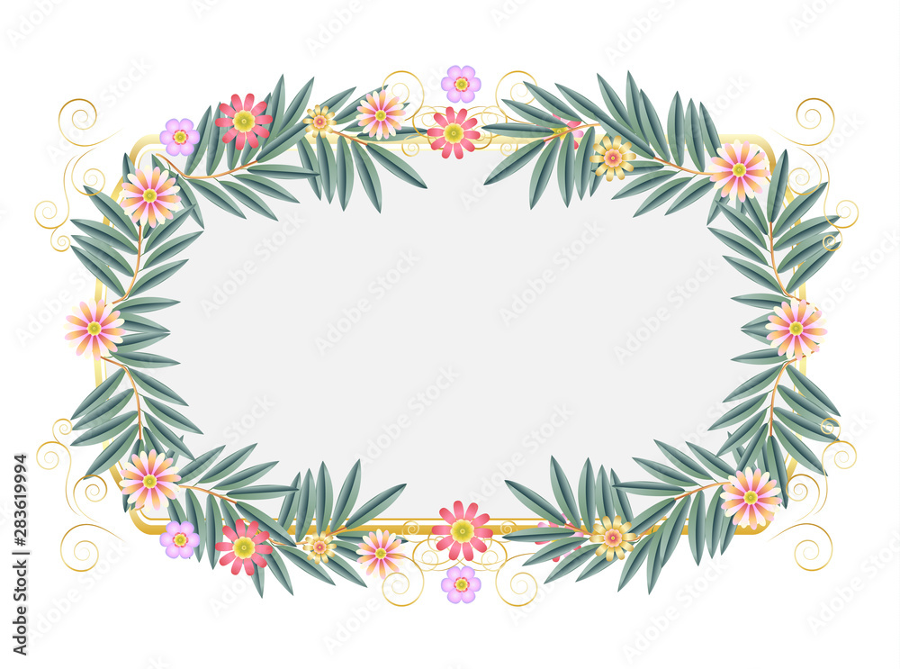 Floral Vintage Decorative Frame. Holiday decoration pink Flowers, eucalyptus green leaves, blank page template vector wallpaper sign