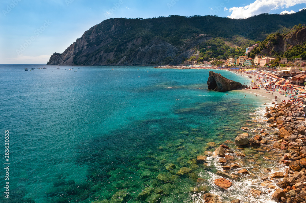 The gulf of Monterosso al Mare, Italy. Monterosso It is one of the five villages in Cinque Terre. Is located at the center of a small natural gulf, protected by a small artificial reef