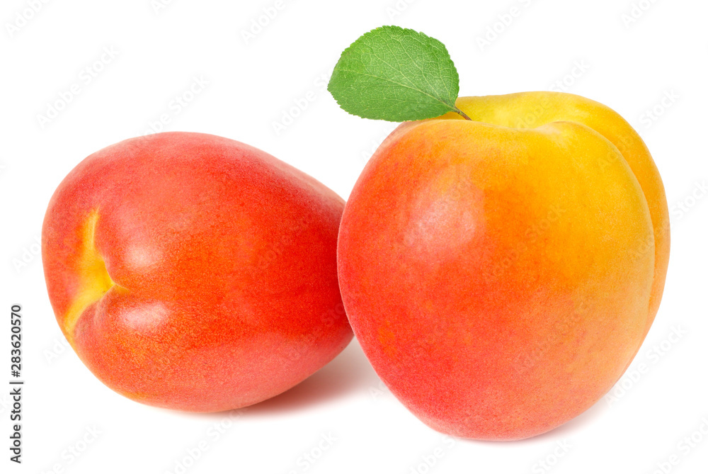apricot fruits with slices and green leaf isolated on white background apricot fruits with slices and green leaf isolated on white background