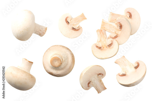 mushrooms with slices isolated on white background. top view
