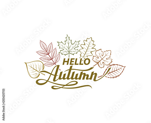 hello autumn lettering label with woody leaves iso