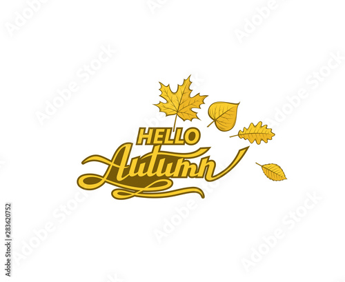 hello autumn lettering label with woody leaves iso