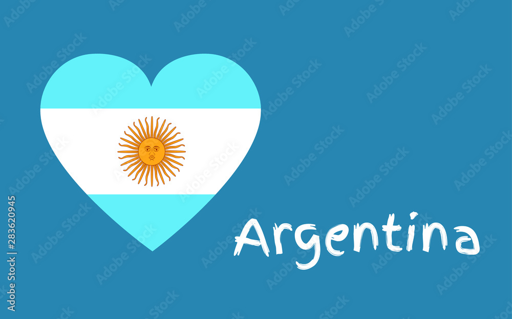 National flag of the Argentine Republic in the shape of a heart with white text: Argentina on a blue background, vector icon 