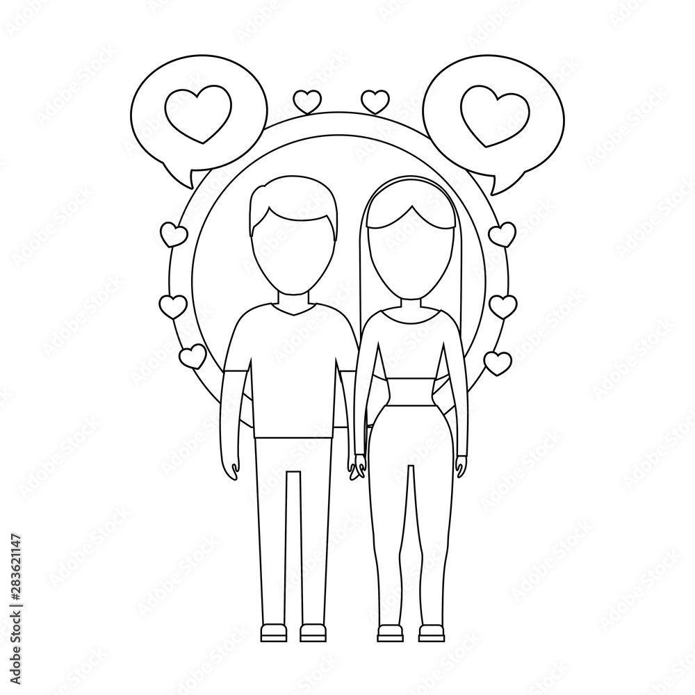 young couple lovers with speech bubbles and hearts young couple lovers with speech bubbles and hearts
