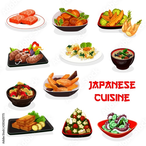 Japanese dishes of fish, vegetable, meat, seafood