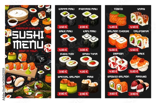Japanese sushi roll, nigiri and temaki menu