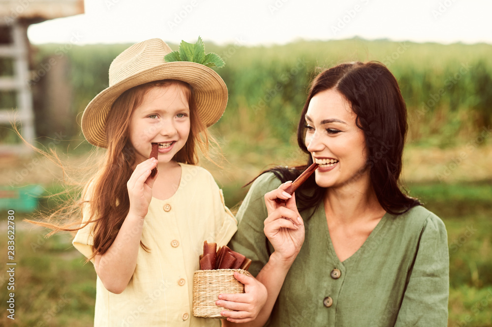 Fototapeta premium Beautiful young caucasian mother with her daughter in a linen dress with a basket of strawberries snacks gathers a new crop and has fun in the green field