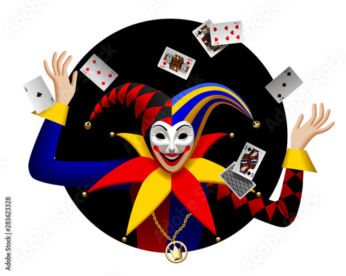 Joker with playing cards in black round frame