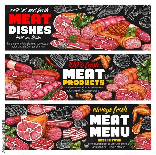 Meat sausages, ham, bacon, salami. Menu blackboard